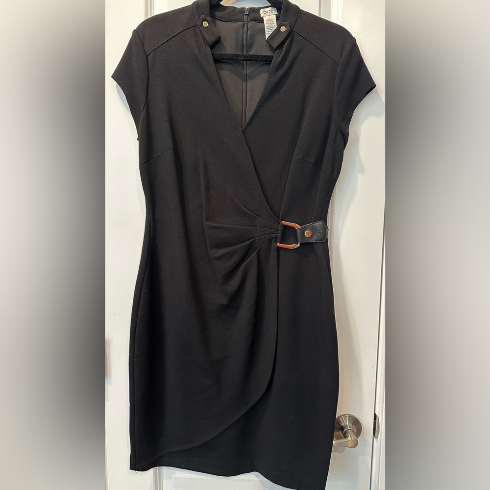 Cache Black V-Neck Dress with Cap Sleeves and Gold Buckle Waist Detail, Size 10
